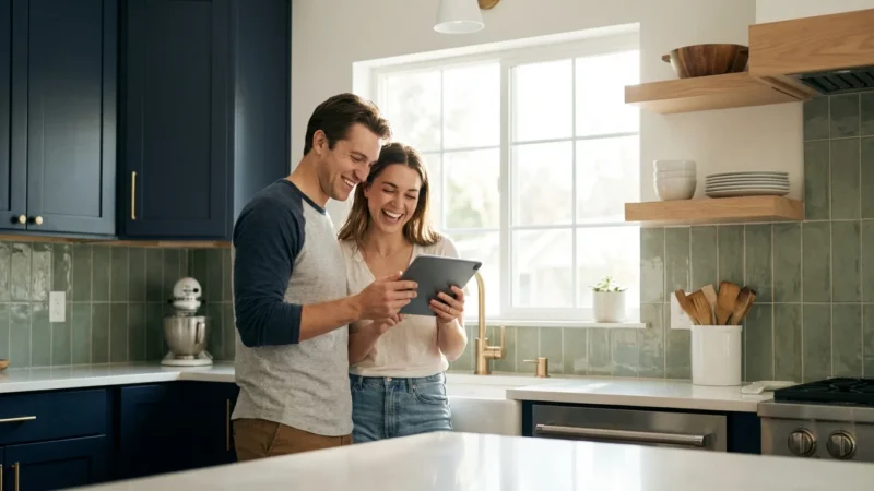 A happy young couple laughs while looking at a digital tablet in a modern kitchen.
