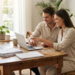 Smiling couple researching homes on a laptop with a for sale sign visible through the window.