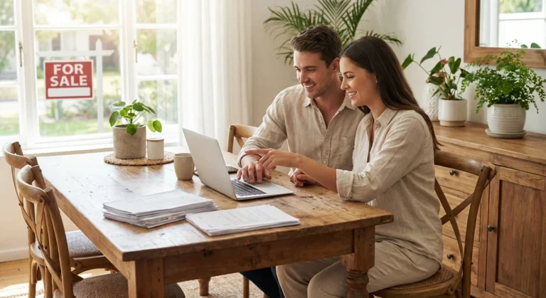 Smiling couple researching homes on a laptop with a for sale sign visible through the window.