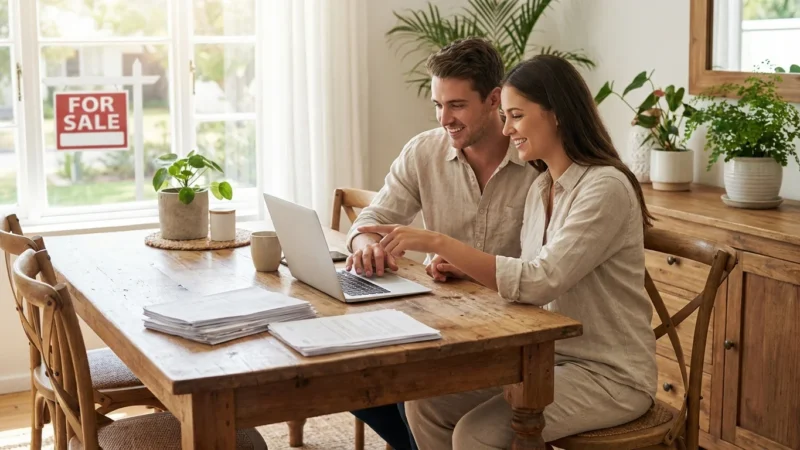 Smiling couple researching homes on a laptop with a for sale sign visible through the window.
