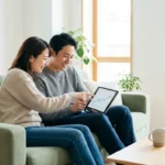 A happy couple sitting on a sofa reviewing a rising growth chart on a tablet.
