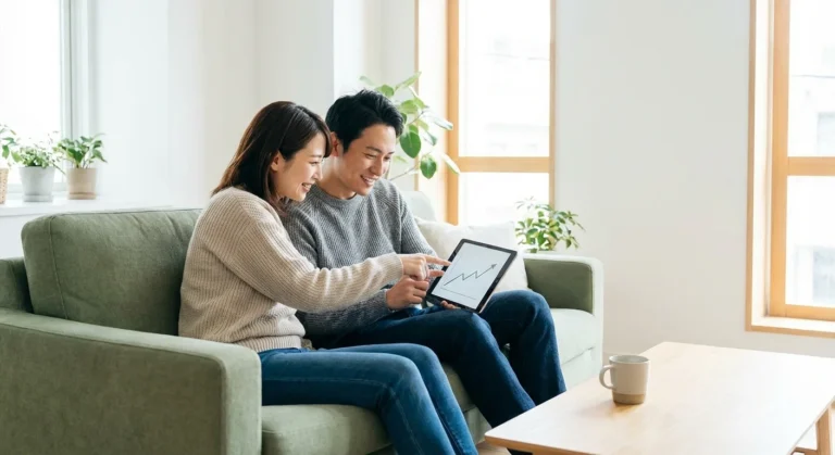 A happy couple sitting on a sofa reviewing a rising growth chart on a tablet.