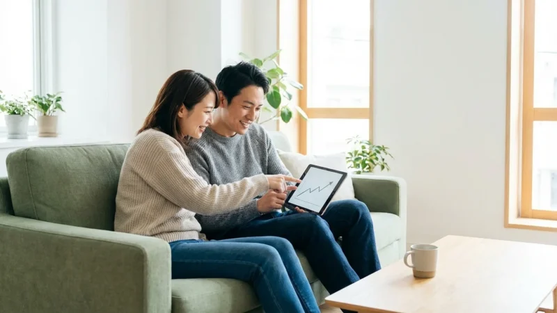 A happy couple sitting on a sofa reviewing a rising growth chart on a tablet.