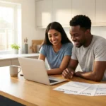 A smiling couple looks at a laptop with mortgage documents on a kitchen island.
