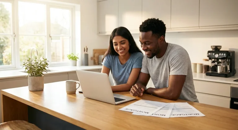 A smiling couple looks at a laptop with mortgage documents on a kitchen island.