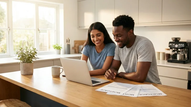 A smiling couple looks at a laptop with mortgage documents on a kitchen island.