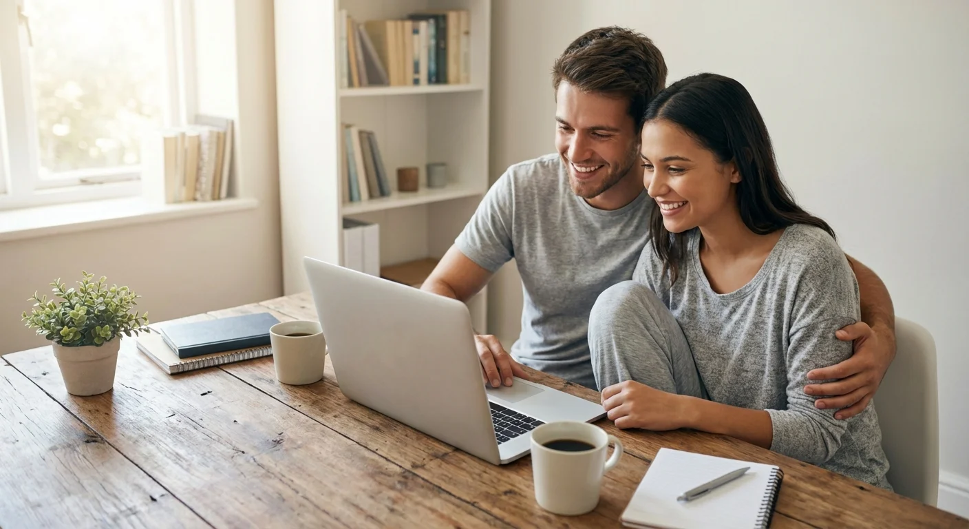 A couple calmly planning their finances on a laptop in a bright room.