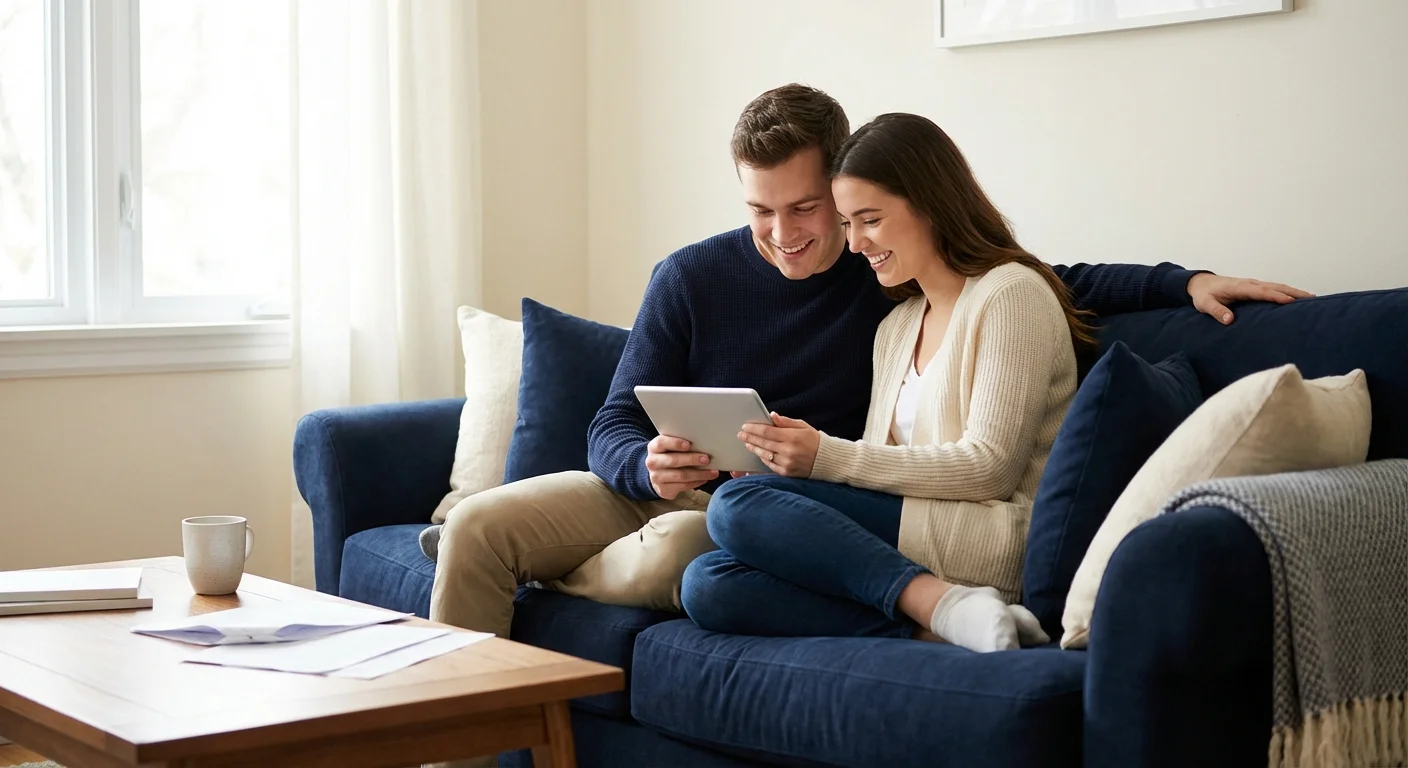 A couple smiling while looking at a tablet, representing the positive results of a mathematical investment strategy.