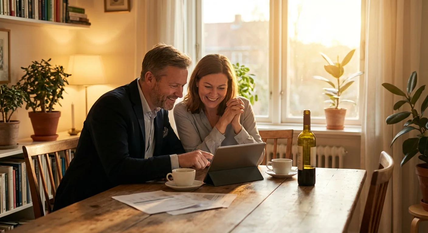 A couple smiling and negotiating while looking at a tablet.