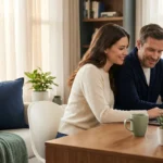 A happy couple sitting at a wooden table looking at a laptop screen together.