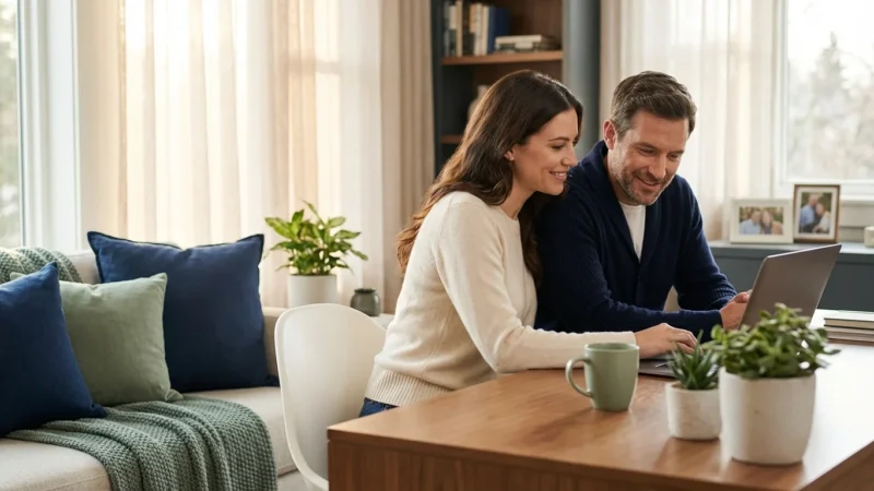A happy couple sitting at a wooden table looking at a laptop screen together.