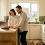 A smiling couple stands in a bright modern kitchen looking at a laptop together.