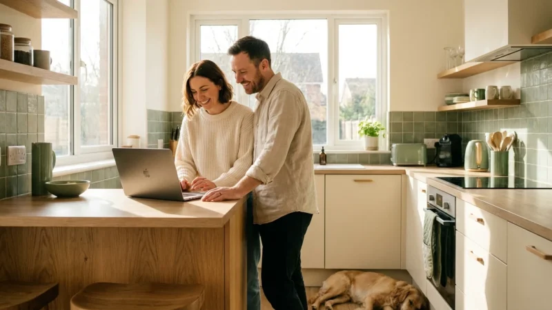A smiling couple stands in a bright modern kitchen looking at a laptop together.