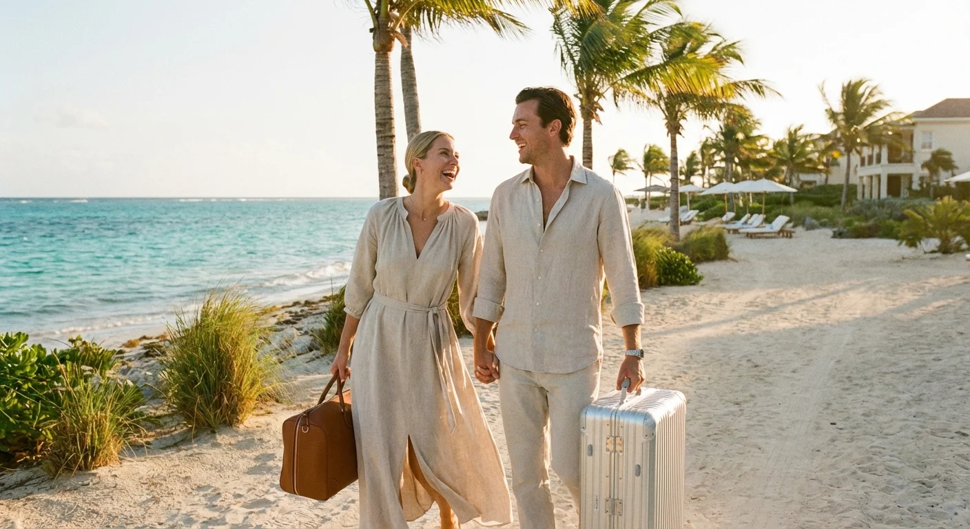 A couple arriving at a sunny beach resort with their luggage.
