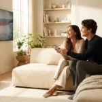 Happy young couple sitting on a cream sofa watching television in a bright modern living room.