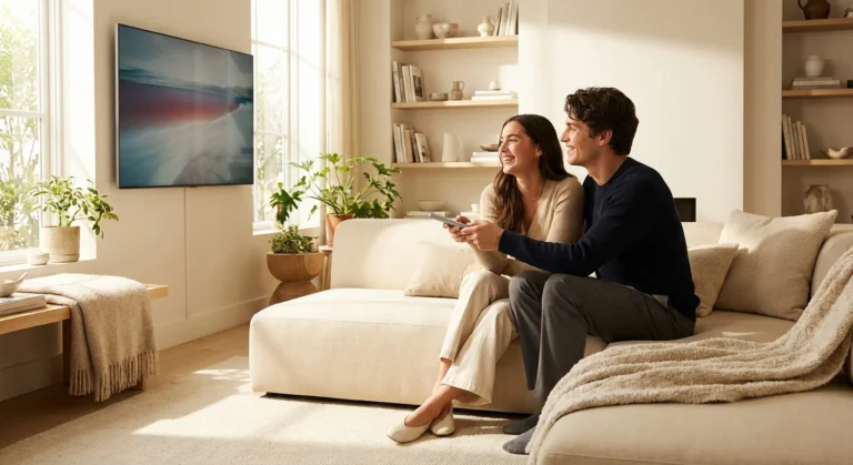 Happy young couple sitting on a cream sofa watching television in a bright modern living room.