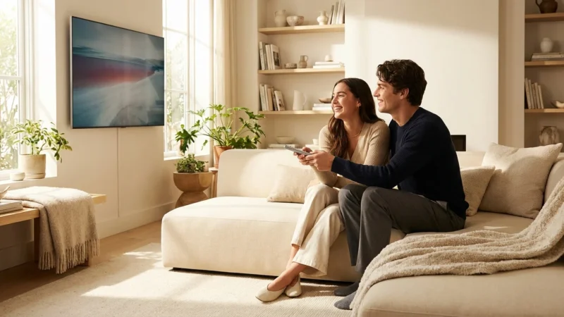 Happy young couple sitting on a cream sofa watching television in a bright modern living room.