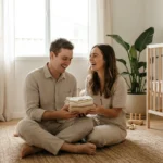 A happy expectant couple sits on a nursery floor laughing while holding folded baby clothes.