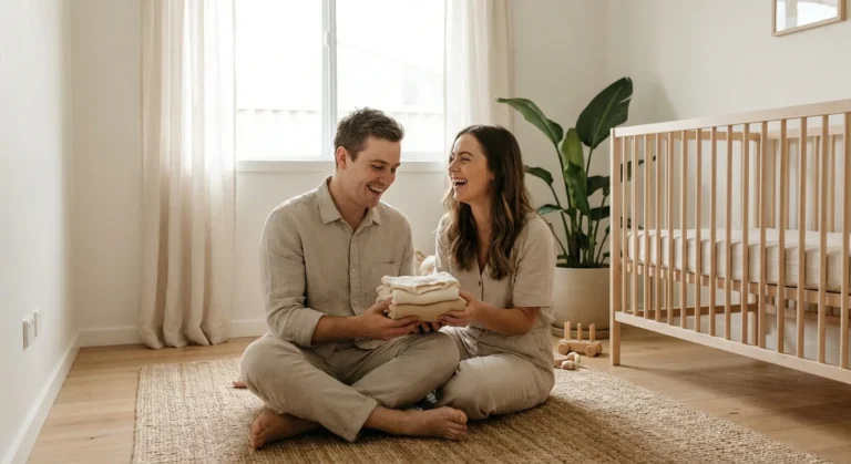 A happy expectant couple sits on a nursery floor laughing while holding folded baby clothes.