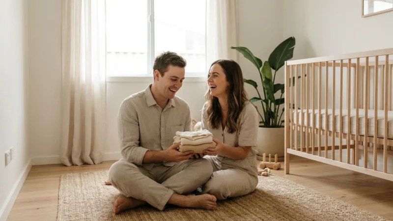 A happy expectant couple sits on a nursery floor laughing while holding folded baby clothes.