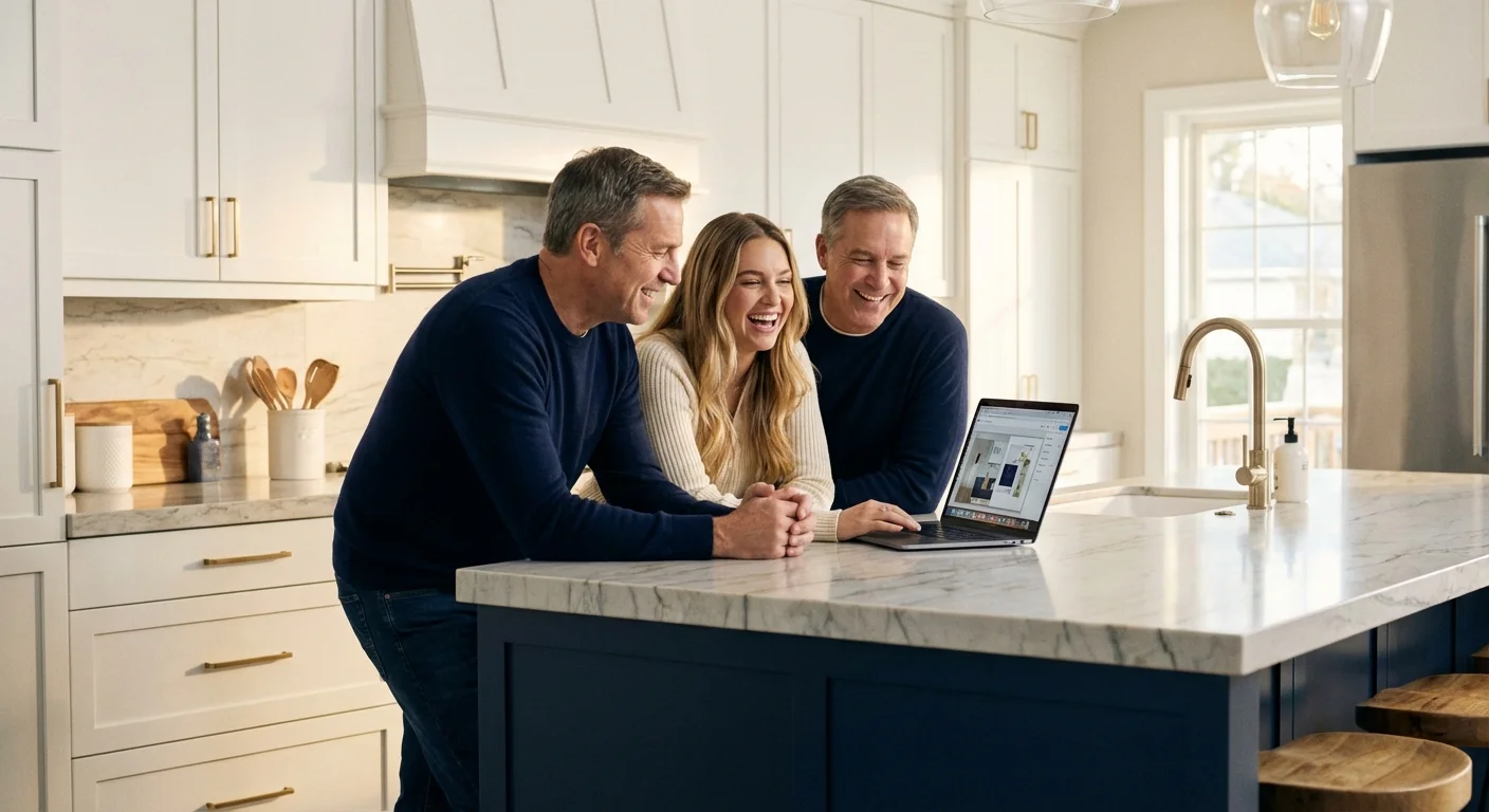 A family discussing financial plans together in a sunlit, modern kitchen.