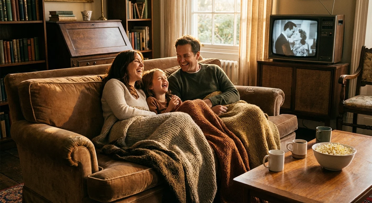 A family laughing while watching a movie together in a cozy, warm living room.