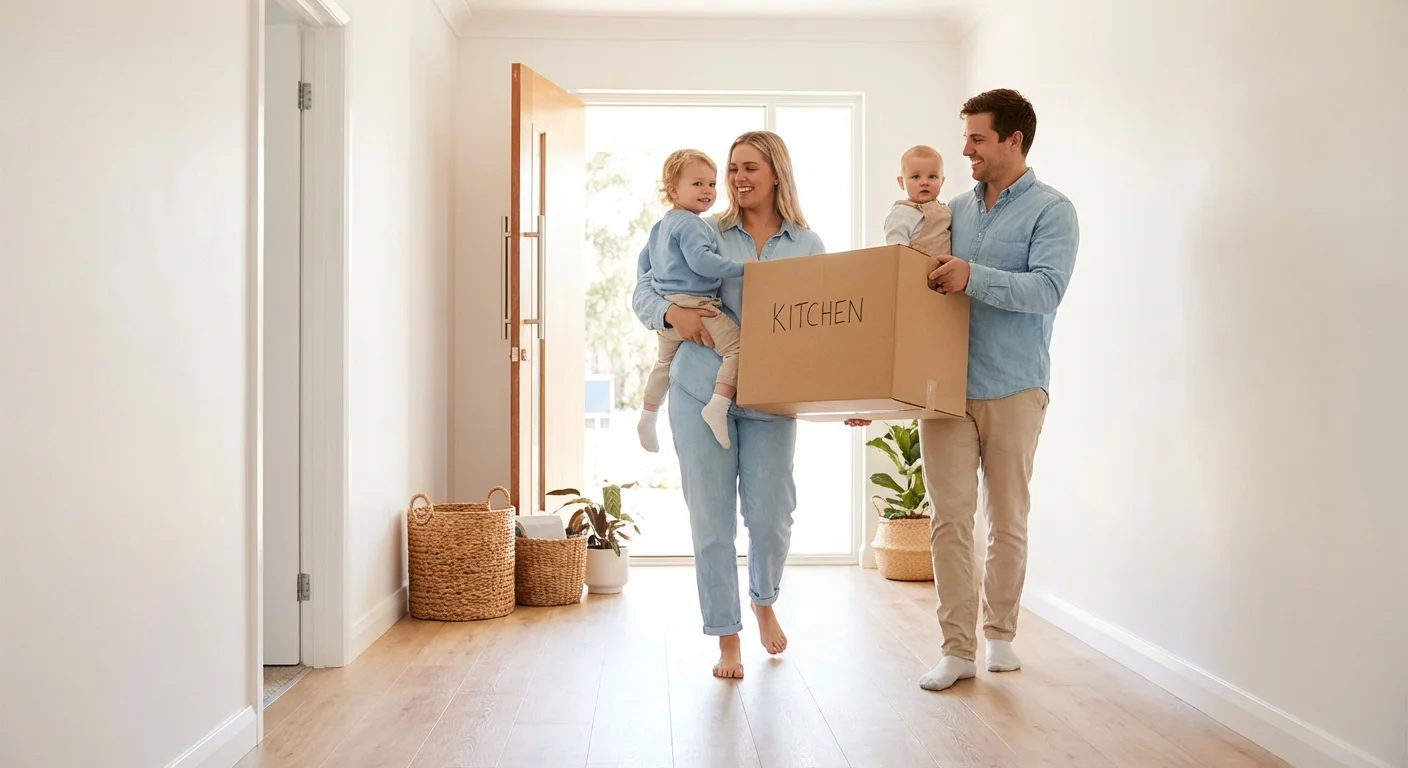 A family carrying boxes into their new, bright home hallway.