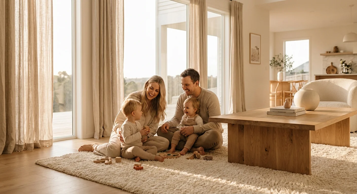 A happy family playing together in a sunlit, comfortable living room.