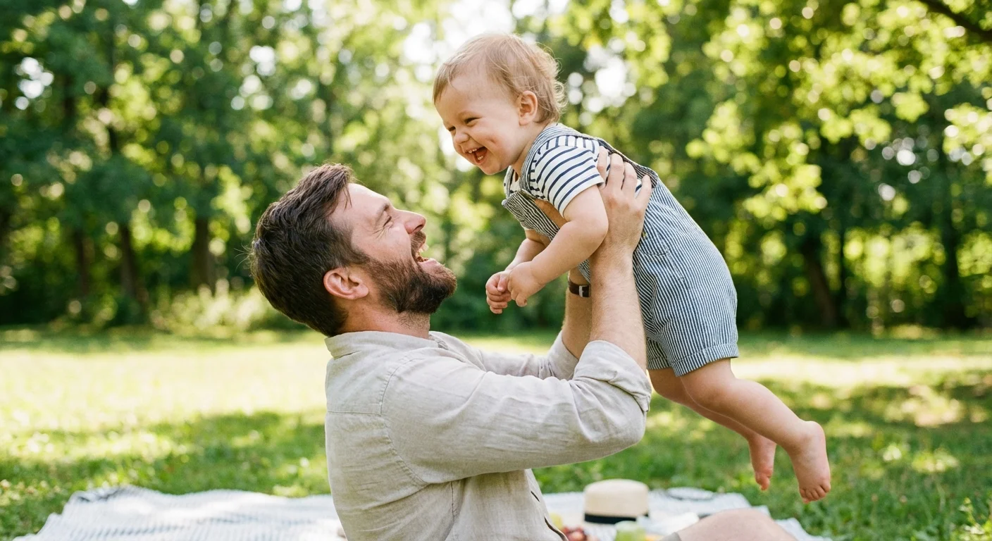 A father playing joyfully with his child in a park, showing the mental freedom of financial security.