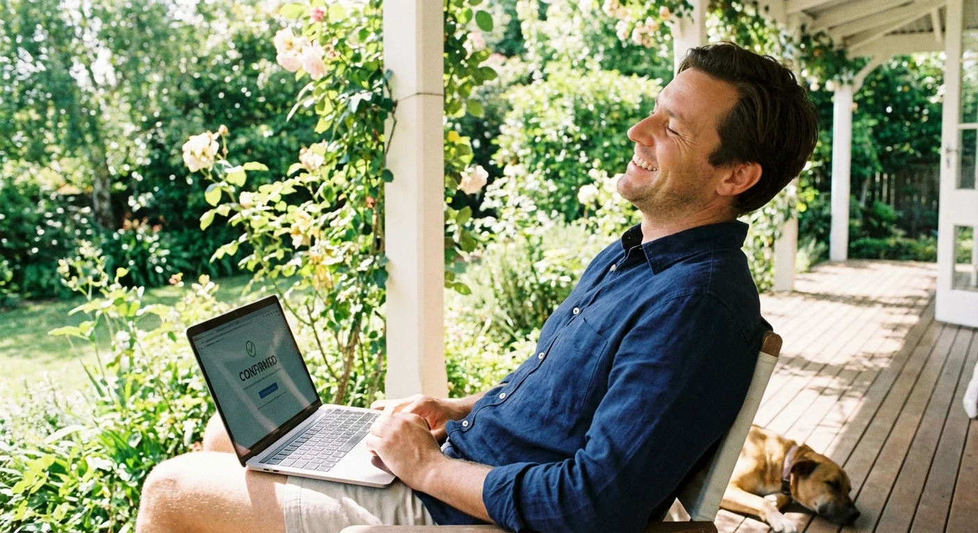 A man smiling while working on a laptop on a sunny porch.
