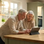 A happy senior couple smiling while looking at a digital tablet in a bright kitchen.