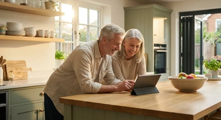 A happy senior couple smiling while looking at a digital tablet in a bright kitchen.