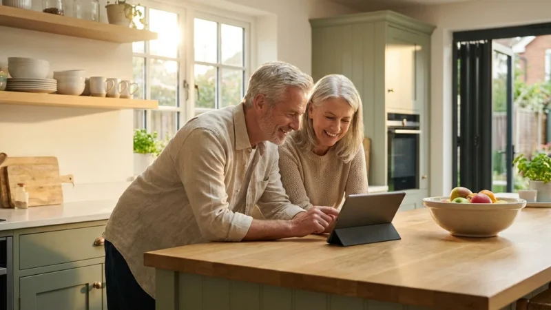 A happy senior couple smiling while looking at a digital tablet in a bright kitchen.
