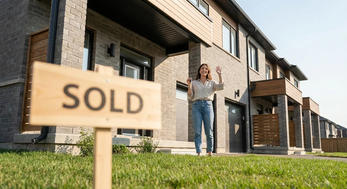 A 'Sold' sign in front of a modern townhouse with a blurred happy person in the back.