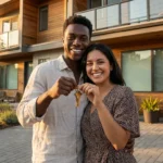 A smiling young couple holds up keys in front of their new modern house