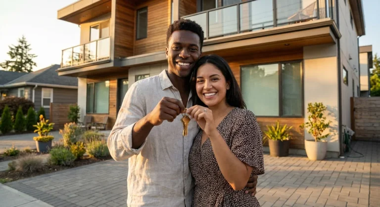 A smiling young couple holds up keys in front of their new modern house