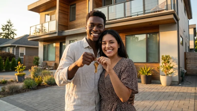 A smiling young couple holds up keys in front of their new modern house