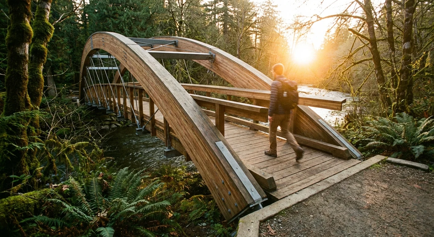 A person walking across a wooden bridge toward a sunset.