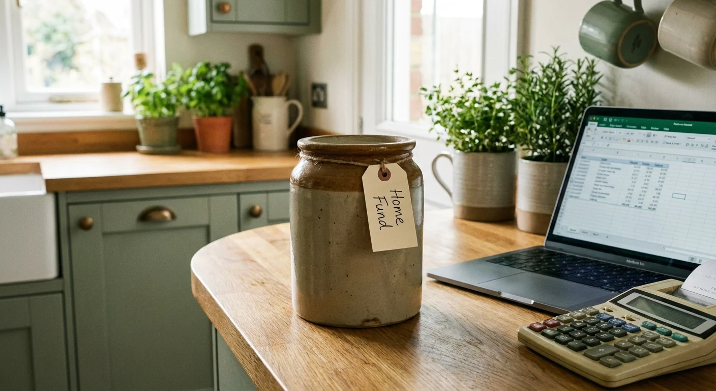 A savings jar and a calculator on a kitchen counter representing home savings.