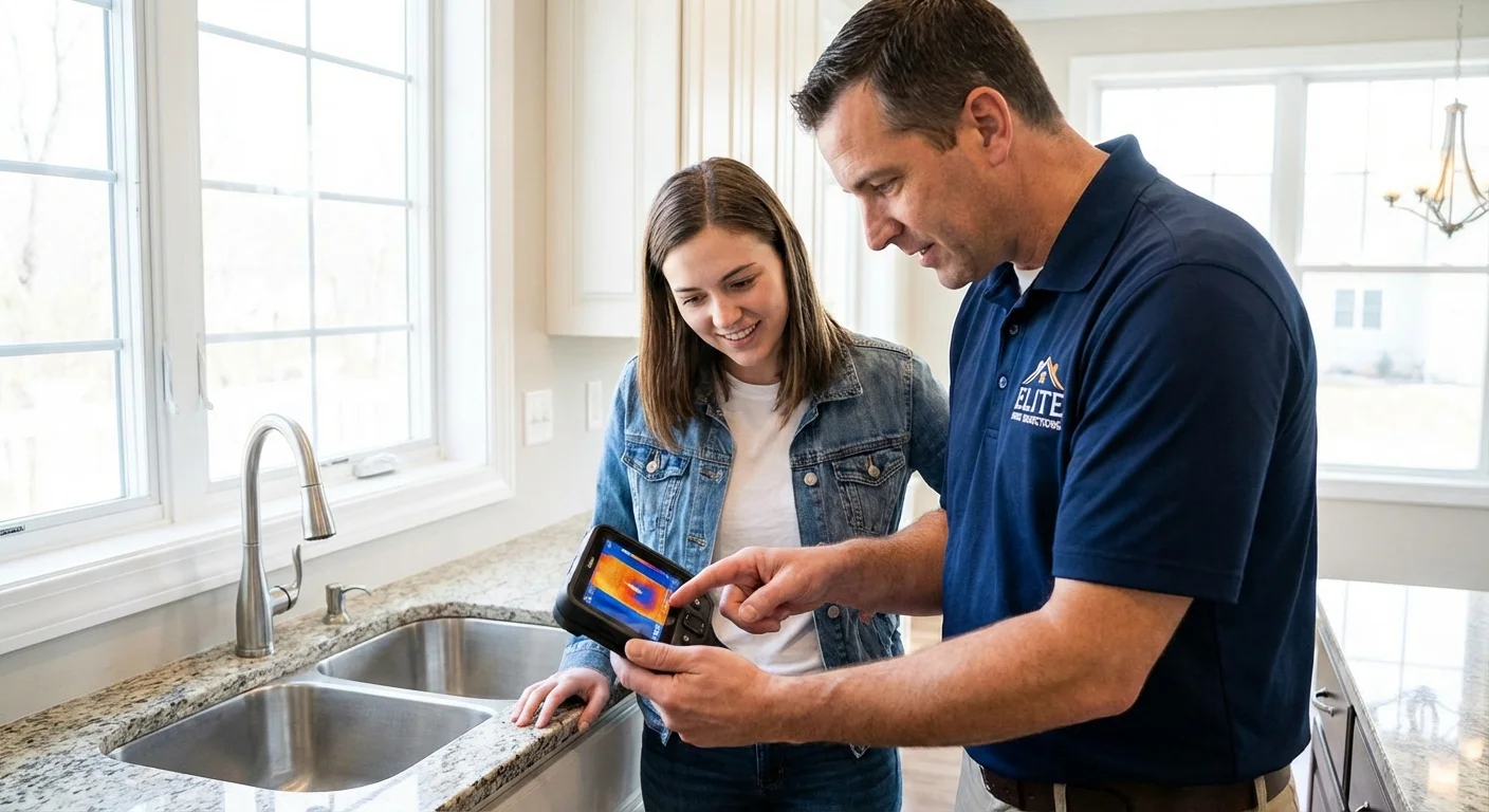 A professional inspector showing a home buyer findings on a digital device.