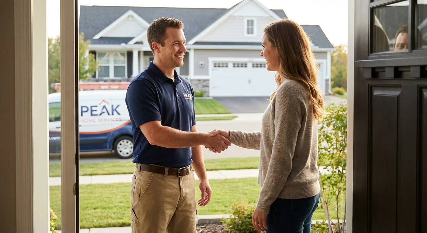 A professional technician shaking hands with a homeowner at a bright front door.