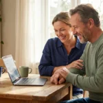 A couple looking at a laptop together in a bright kitchen, appearing confident and relieved.