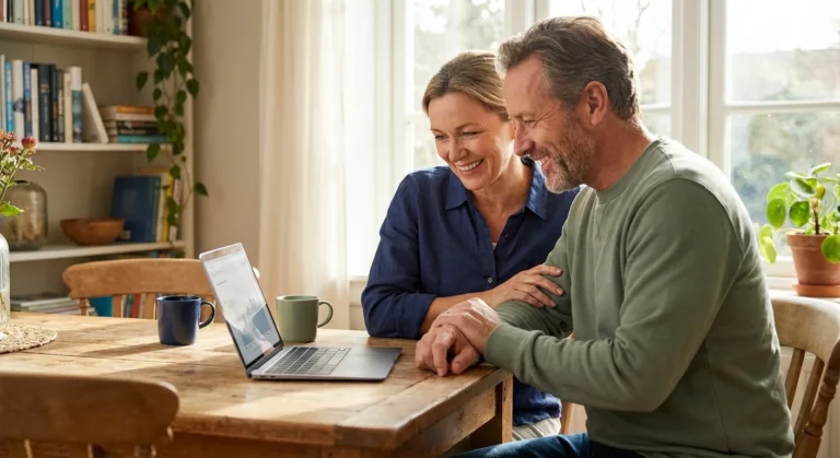 A couple looking at a laptop together in a bright kitchen, appearing confident and relieved.