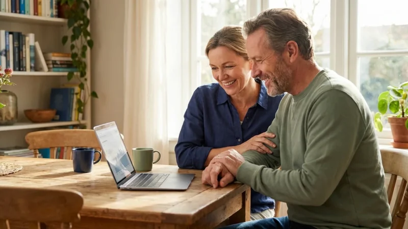 A couple looking at a laptop together in a bright kitchen, appearing confident and relieved.