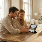 A couple in a sunlit apartment looking at home listings on a tablet, symbolizing the transition from renting to owning.