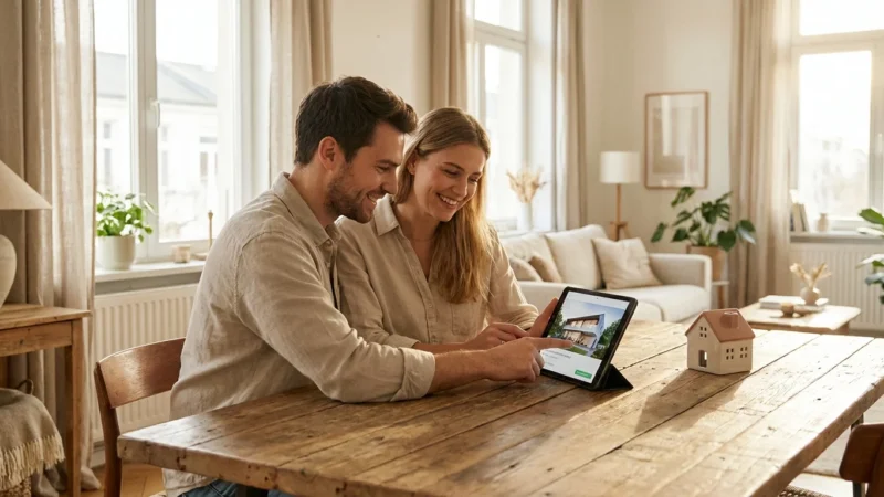 A couple in a sunlit apartment looking at home listings on a tablet, symbolizing the transition from renting to owning.