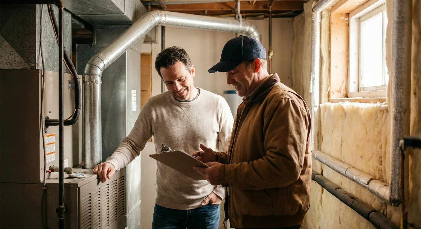 A homeowner and an inspector discussing repairs in a home's utility room.