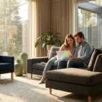 A couple calmly reviewing their finances on a tablet in a bright, modern living room.