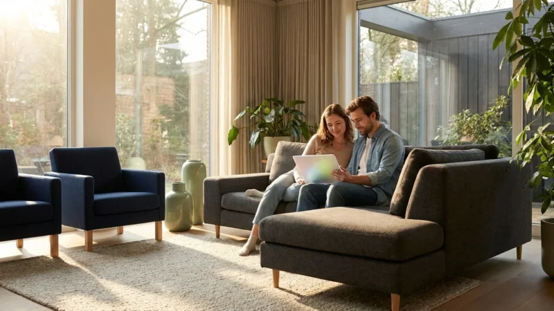 A couple calmly reviewing their finances on a tablet in a bright, modern living room.