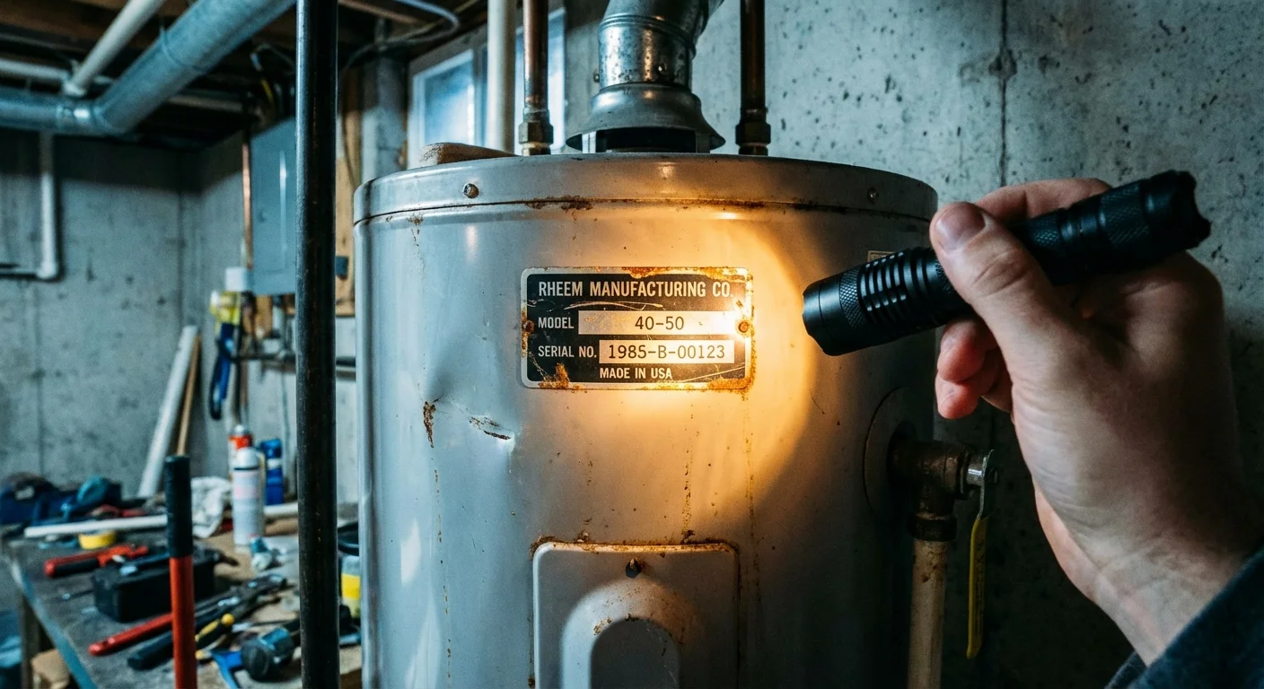 A flashlight shining on a water heater label in a basement to check its age.